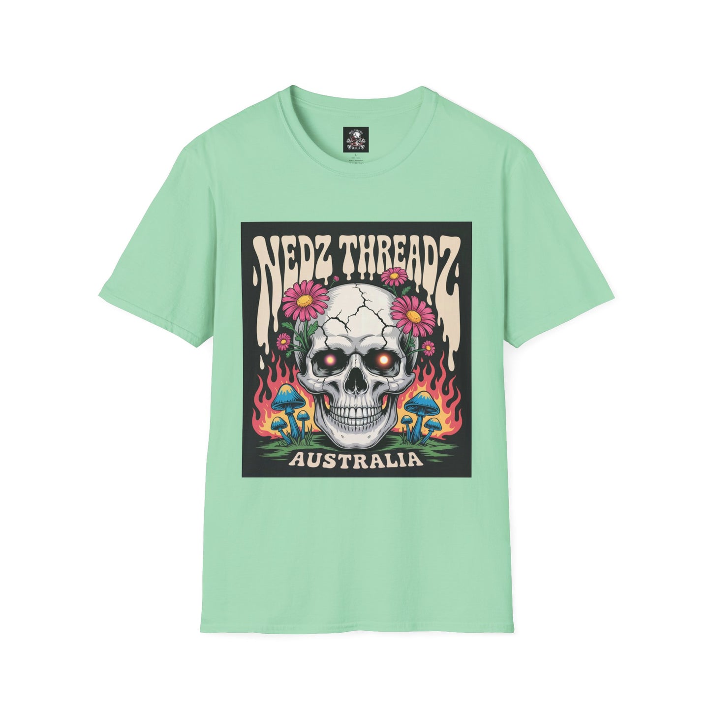 Edgy Skull Graphic Tee, Unisex Softstyle T-Shirt, Australia Design, Music Festival Wear, Halloween Party Shirt, Alternative Fashion
